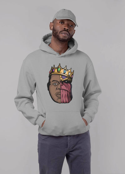 "Biggie x Thanos x Blackspaceforce Hoodie - A close-up of a black hoodie with a graphic of rapper Biggie Smalls on the front and Marvel's Thanos on the back, set against the backdrop of the black space force. The hoodie features a spacious hood, ribbed cuffs and hem, and a kangaroo pocket."