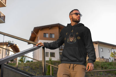 Black graphic hoodie with "Master of All Men" text from Blackspaceforce streetwear brand for men."