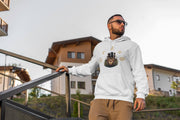 White graphic hoodie with "Master of All Men" text from Blackspaceforce streetwear brand for men."