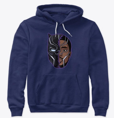 "Black graphic hoodie featuring a tribute to Chadwick Boseman and the Black Panther character from Blackspaceforce streetwear brand."