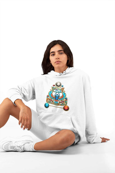 White hoodie with Egyptian astronomy and mythology graphic design for women from Blackspaceforce streetwear brand."