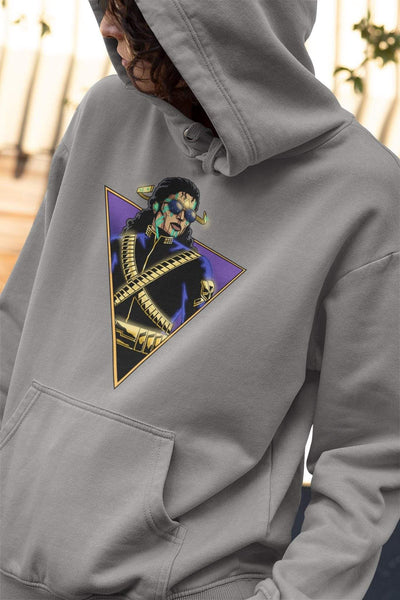 "Women's grey hoodie with a retro-futuristic graphic design inspired by Michael Jackson's "Thriller" music video, available from Blackspaceforce streetwear brand."