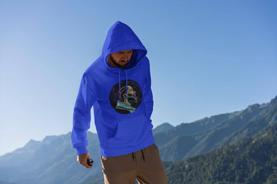 "Bold royal blue hip hop inspired graphic hoodie from Blackspaceforce streetwear brand."
