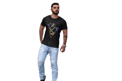 "Men's purple T-shirt with a retro-futuristic graphic design inspired by Michael Jackson's "Thriller" music video, available from Blackspaceforce streetwear brand."