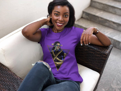 "Womens purple T-shirt with a retro-futuristic graphic design inspired by Michael Jackson's "Thriller" music video, available from Blackspaceforce streetwear brand."